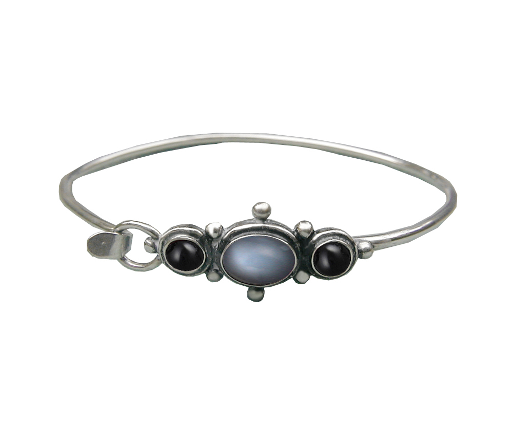 Sterling Silver Strap Latch Spring Hook Bangle Bracelet Grey Moonstone And Black Onyx